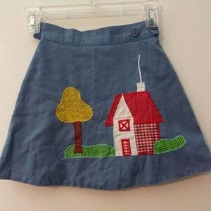 Blue Denim Skirt with Red House Appliqué
